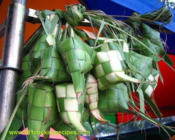 Ketupat Nasi (Compressed Rice Cakes) wrapped in coconut palm leaves